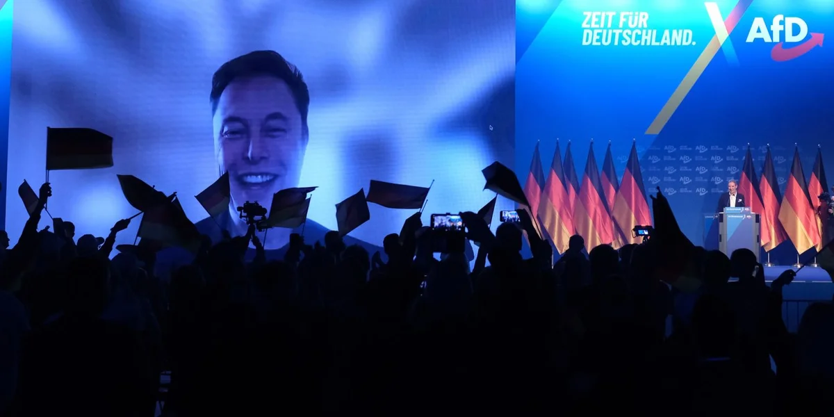 Elon Musk suergt op AfD-Walevent nees fir Opreegung | © picture alliance/dpa | Sebastian Willnow