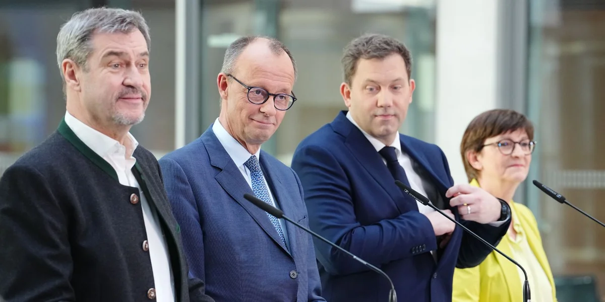 Markus Söder, (CSU), Friedrich Merz (CDU), Lars Klingbeil (SPD) an Saskia Esken (SPD) | © picture alliance/dpa | Kay Nietfeld